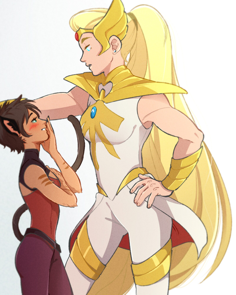 2girls, animal_ears, blonde_hair, blue_eyes, blush, brown_hair, cat_ears, cat_girl