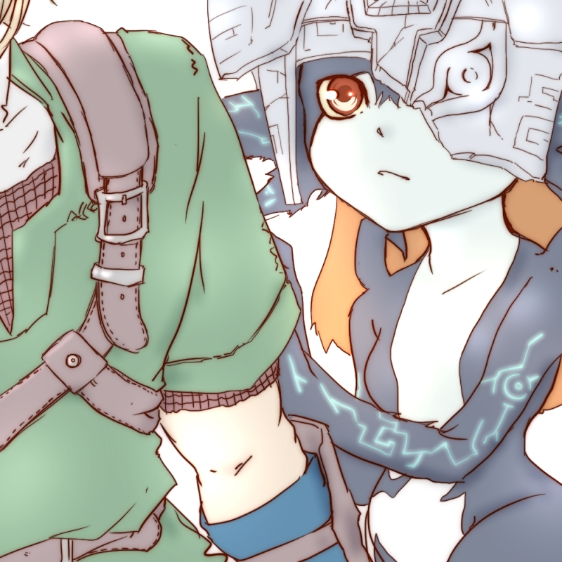 1boy, 1girl, 370ml, belt, breasts, colored_sclera, colored_skin, green_tunic, holding_arm, link, looking_at_another, mask, midna, multicolored, multicolored_skin, one_eye_covered, red_eyes, short_sleeves, simple_background, small_breasts, the_legend_of_zelda, the_legend_of_zelda:_twilight_princess, two-tone_skin, upper_body, white_background
