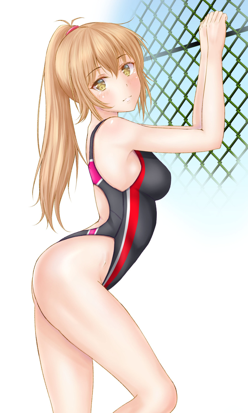 1girl, absurdres, black_swimsuit, breasts, brown_hair, ca_paria, chain-link_fence, commentary_request
