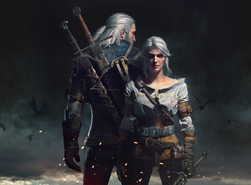 1boy, 1girl, absurdres, armor, back-to-back, bartlomiej_gawel, beard, belt