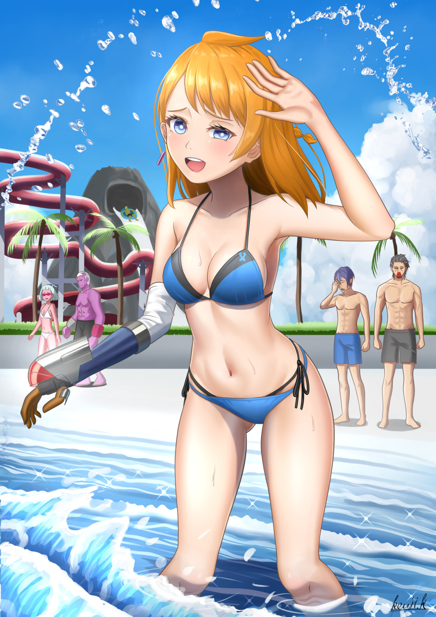 3boys, absurdres, artist_name, ass_visible_through_thighs, beard, bikini, black_hair, blue_bikini, blue_sky, breasts, clenched_hand, colored_skin, day, decadence_(anime), donatello_(decadence), facial_hair, goggles, highres, huge_filesize, jill_(decadence), kaburagi_(decadence), kayama_kouji, light_blue_hair, long_hair, male_swimwear, medium_breasts, minato_(decadence), multicolored_hair, multiple_boys, natsume_(decadence), navel, orange_hair, outdoors, palm_tree, pink_skin, prosthesis, prosthetic_arm, purple_skin, side-tie_bikini, sigh, sky, small_breasts, standing, swim_trunks, swimsuit, swimwear, tree, two-tone_hair, wading, water, water_slide, wet, white_bikini, white_hair, wristband