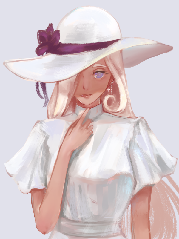 1girl, blonde_hair, blue_eyes, bow, dark_skin, earrings, grey_background, hair_over_one_eye, hand_up, hat, hat_bow, jewelry, long_sleeves, looking_at_viewer, original, sayuumigi, short_sleeves, sketch, solo, thick_eyebrows, upper_body, white_headwear
