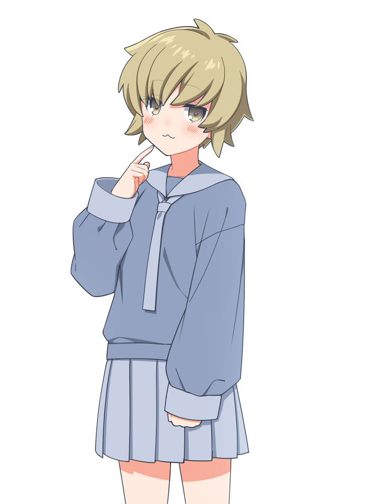 1girl, :3, clenched_hand, kisaragi_hina, light_brown_hair, long_sleeves, original, pointing