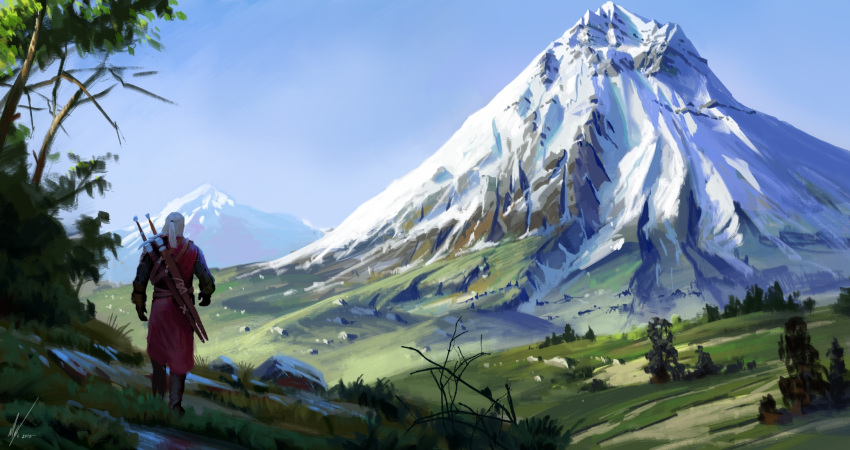 1boy, belt, blue_sky, boots, brown_belt, coat, dated, day, drawing, english_commentary, geralt_of_rivia, gloves, grass, highres, long_hair, long_sleeves, male_focus, michal_kus, mountain, outdoors, over_shoulder, ponytail, red_coat, scenery, shadow, signature, sky, snow, solo, sword, sword_behind_back, the_witcher, tree, walking, weapon, weapon_on_back, weapon_over_shoulder, white_hair, wide_shot