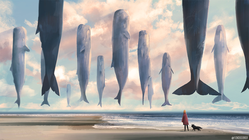 1other, animal, arizuka_(13033303), clouds, cloudy_sky, day, dog, facing_away, fish, floating, flying_whale, from_behind, horizon, light_rays, ocean, original, outdoors, pixiv_id, scenery, short_hair, sky, sperm_whale, standing, whale, wide_shot