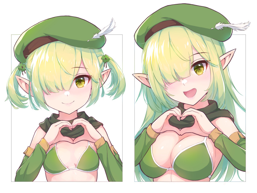 1girl, :d, aoi_(princess_connect!), beret, bikini, bikini_top, breasts, closed_mouth