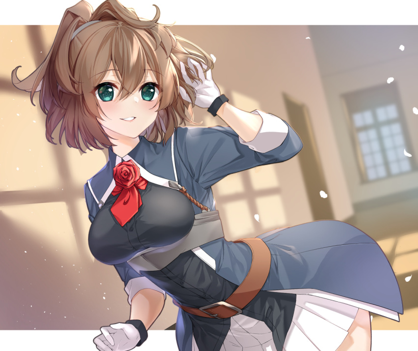 1girl, aqua_eyes, ascot, belt, belt_buckle, blush, breasts, brown_belt