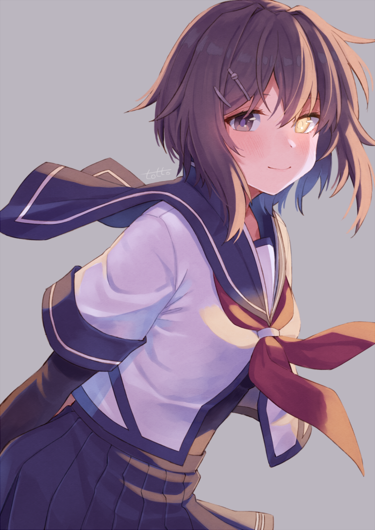 1girl, blue_sailor_collar, blush, brown_eyes, brown_hair, closed_mouth, furutaka_(kantai_collection), hair_between_eyes, heterochromia, kantai_collection, red_neckwear, sailor_collar, school_uniform, serafuku, short_hair, smile, solo, totto_(naka), yellow_eyes