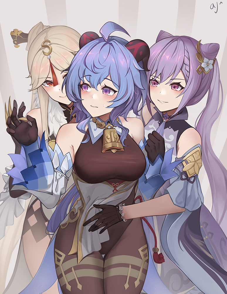 3girls, ark_john_up, bangs, bare_shoulders, black_gloves, black_legwear, black_leotard, blonde_hair