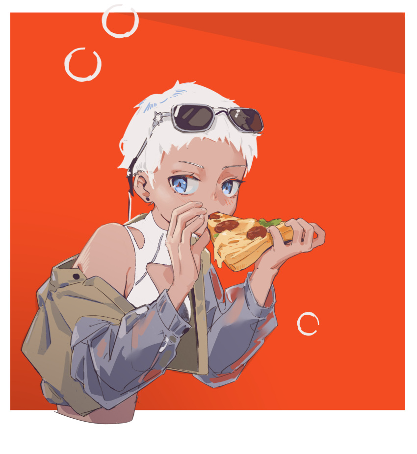 1girl, absurdres, bare_shoulders, blue_eyes, border, cropped_torso, dark_skin, dark-skinned_female, eating, eyewear_on_head, fingernails, food, highres, holding, holding_food, jacket, looking_at_viewer, nekohara_peninsula, off_shoulder, original, pizza_slice, red_background, short_hair, solo, sunglasses, upper_body, very_short_hair, white_border, white_hair