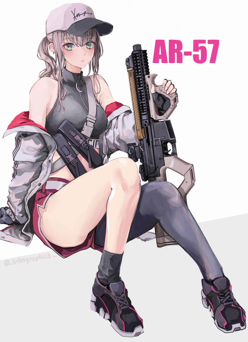 1girl, absurdres, ar-57, ar-57_(girls_frontline), asymmetrical_legwear, bangs, baseball_cap, black_footwear