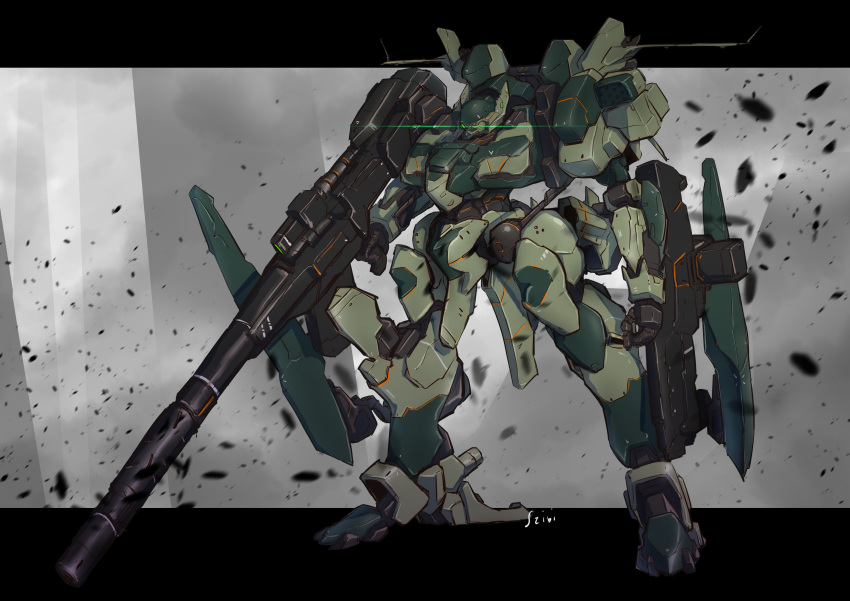 absurdres, floating, green_eyes, highres, mecha, no_humans, one-eyed, open_hand