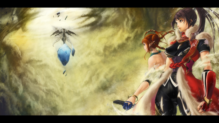 armor, back, black_hair, bracelet, brown_hair, crystal, gloves, grey_eyes