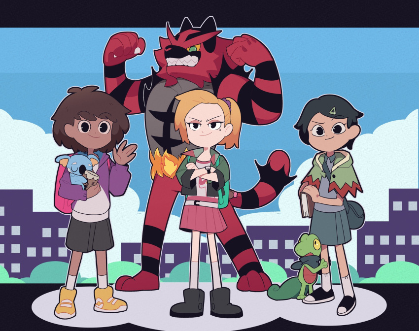 3girls, amphibia, anne_boonchuy, backpack, bag, bandana, black_hair, blonde_hair, book, brown_hair, capelet, caroro117, cityscape, closed_eyes, crossed_arms, crossover, dark_skin, dark-skinned_female, flexing, gen_3_pokemon, gen_7_pokemon, hair_ornament, hairclip, handbag, highres, holding, holding_book, holding_leg, incineroar, komala, looking_at_viewer, marcy_wu, mole, mole_under_eye, multiple_girls, pokemon, pokemon_(creature), ponytail, pose, raised_eyebrow, sasha_waybright, scrunchie, shoes, short_hair, shorts, skirt, sleeping, smile, smirk, sneakers, socks, tree_stump, treecko, waving