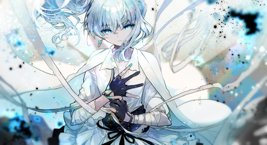 1girl, adjusting_clothes, adjusting_gloves, bandaged_arm, bandages, black_gloves, blue_eyes, blue_hair