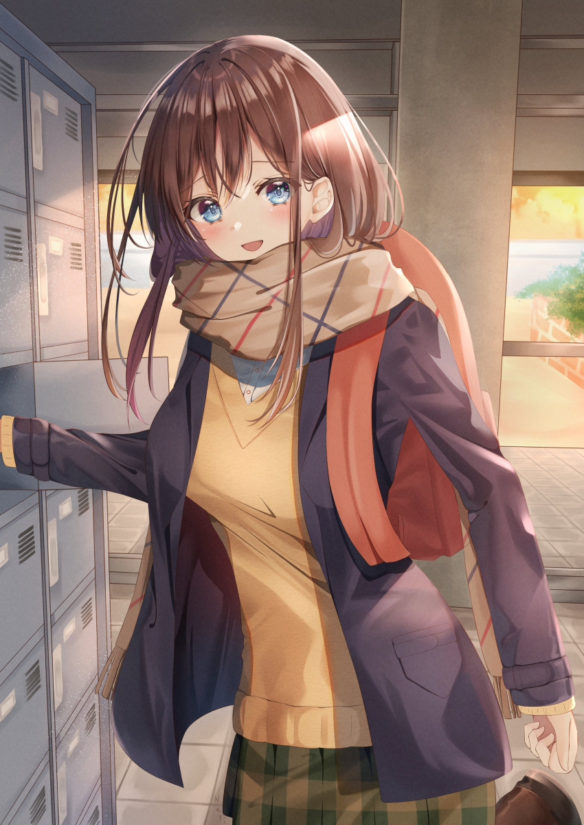 1girl, :d, absurdres, backpack, bag, bangs, black_jacket, breasts