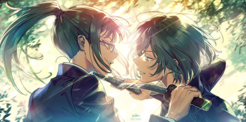 2girls, absurdres, artist_name, bangs, bikkusama, black_hair, breasts, glasses