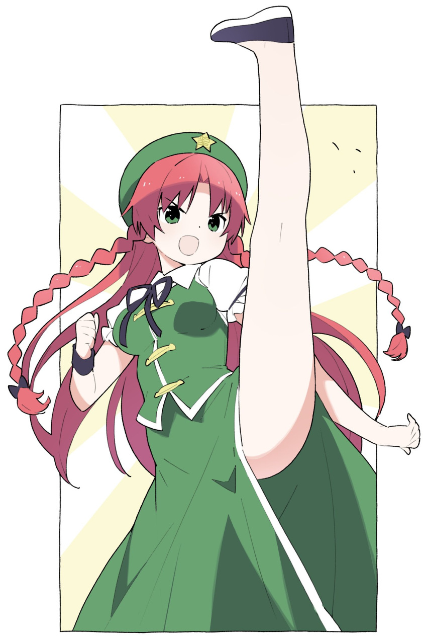 1girl, bare_legs, beret, braid, china_dress, chinese_clothes, dress, hat