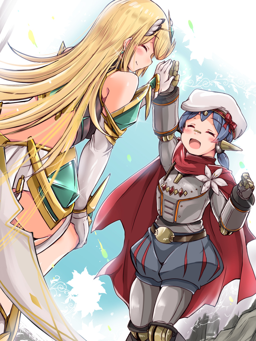 2girls, android, bangs, bare_shoulders, blonde_hair, blush, cape, earrings, elbow_gloves, flower, gloves, hat, high_five, highres, jewelry, joints, kurokaze_no_sora, long_hair, multiple_girls, mythra_(xenoblade), poppi_(xenoblade), poppi_alpha_(xenoblade), purple_hair, red_cape, robot_joints, short_hair, smile, swept_bangs, tiara, twintails, very_long_hair, white_flower, white_gloves, xenoblade_chronicles_(series), xenoblade_chronicles_2, |d