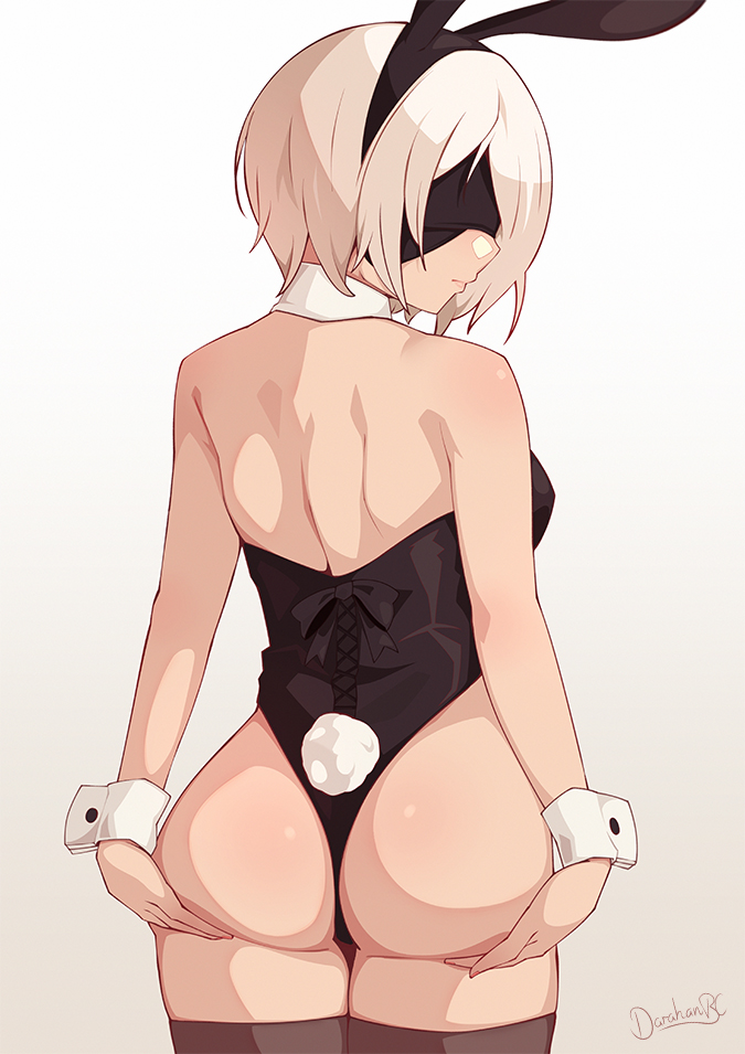1girl, animal_ears, artist_name, ass, back, backless_outfit, bangs, bare_shoulders
