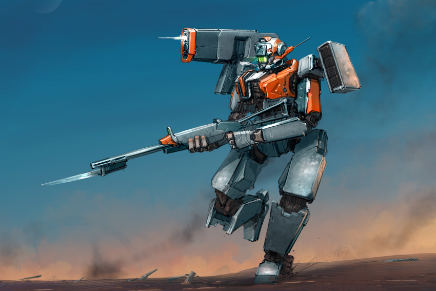 gun, highres, holding, holding_gun, holding_weapon, ksenolog, mecha, missile_pod