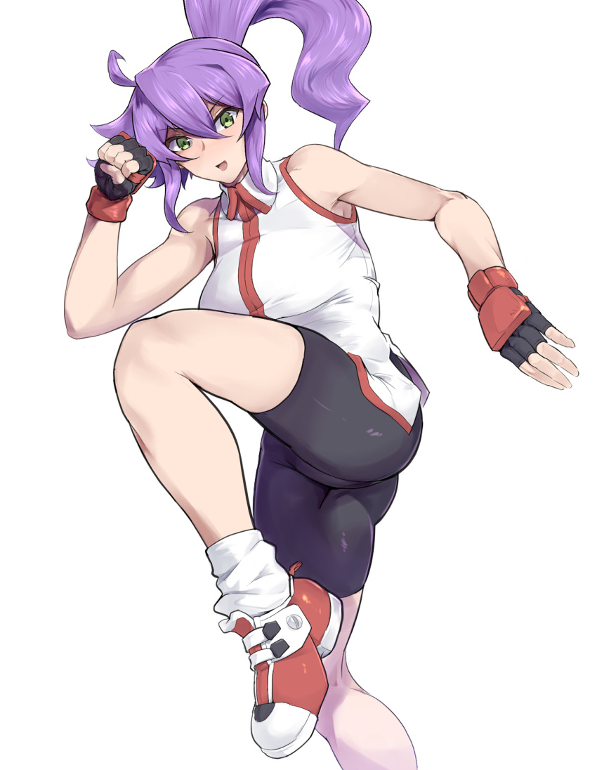 1girl, ass, bangs, bike_shorts, black_gloves, borrowed_character, clenched_hand, cropped_legs
