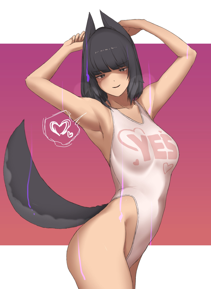 animal_ears, armpits, arms_up, bangs, black_eyes, black_hair, blunt_bants, breasts