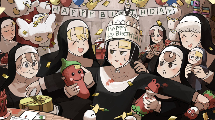 6+girls, :d, ^_^, animal_tower, balloon, bird, birthday_cake, birthday_party