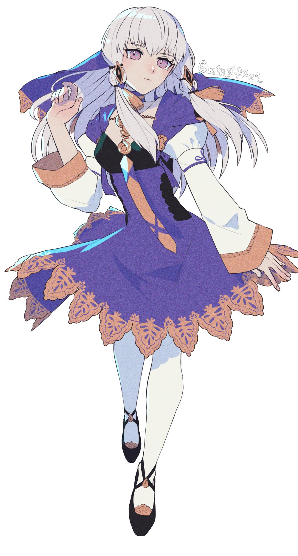 1girl, bangs, dress, fire_emblem, fire_emblem:_three_houses, high-waist_skirt, highres, long_hair, long_sleeves, lying, lysithea_von_ordelia, mano_(m1n0f2e1), miniskirt, on_side, pantyhose, parted_lips, pink_eyes, purple_dress, purple_skirt, shirt, silver_hair, simple_background, skirt, sleeves_past_wrists, solo, white_background, white_legwear, white_shirt