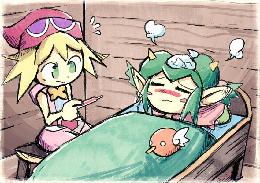 2girls, amitie, amitie_(puyopuyo), bag, bed, blanket, blonde_hair, blush, blush_stickers, closed_eyes, closed_mouth, commission, fever, green_eyes, green_hair, hat, horns, ice_bag, lidelle_(puyopuyo), lying, pillow, pointy_ears, puyopuyo, puyopuyo_fever, red_hat, rider_(puyopuyo), setz, sick, sitting, sleeveless, sleeveless_shirt, wooden_floor, wooden_wall
