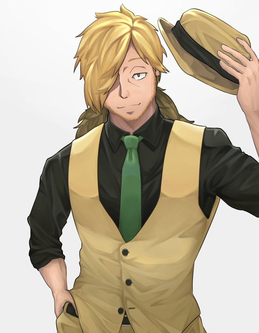 1boy, absurdres, belt, black_shirt, blonde_hair, facial_hair, green_neckwear, hair_over_one_eye