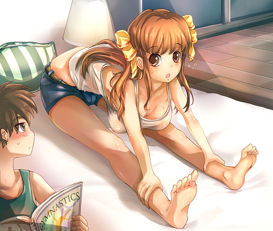 barefoot, bed, blush, bow, breasts, brother_and_sister, brown_eyes, brown_hair, denim, denim_shorts, down_blouse, excercise, exercise, feet, frontbend, hair_bow, hair_ribbon, hanging_breasts, large_breasts, legs, long_hair, original, ribbon, shorts, siblings, stretch, suoni_(deeperocean), sweat
