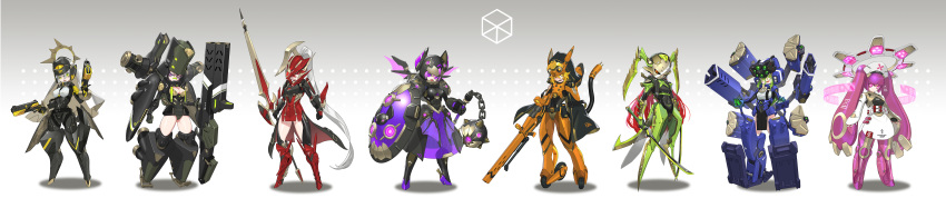 6+girls, :d, absurdres, armor, armored_dress, arms_at_sides, bags_under_eyes, bandaid