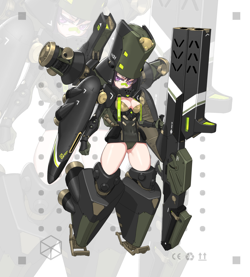 1girl, absurdres, armor, bandaid, bandaid_on_nose, cannon, clenched_hand, covered_navel