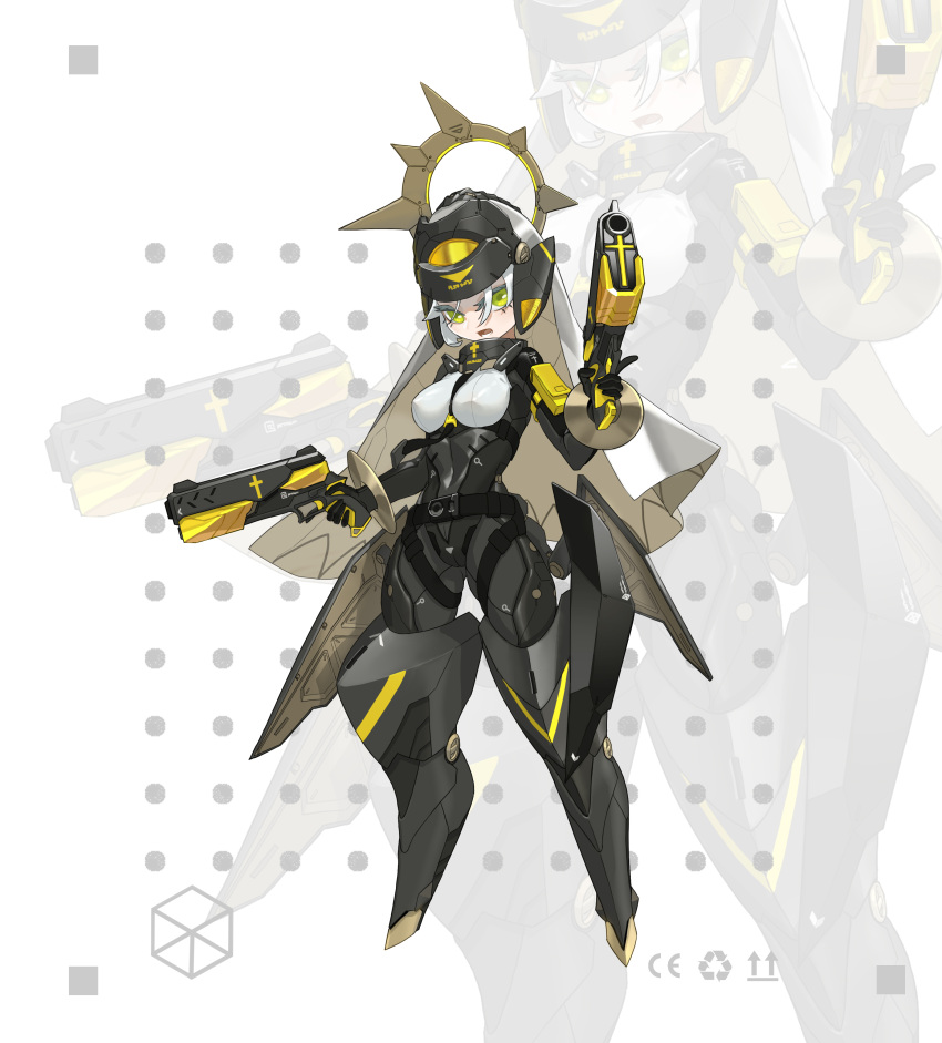 1girl, absurdres, armor, belt, bracelet, breasts, covered_nipples, cross, dual_wielding, full_body, green_eyes, gun, habit, handgun, harness, headgear, highres, holding, jewelry, jinyu_lao_honglingjin, looking_at_viewer, mecha_musume, mechanical_halo, medium_breasts, nun, open_mouth, original, solo, standing, trigger_discipline, weapon, white_background, white_hair