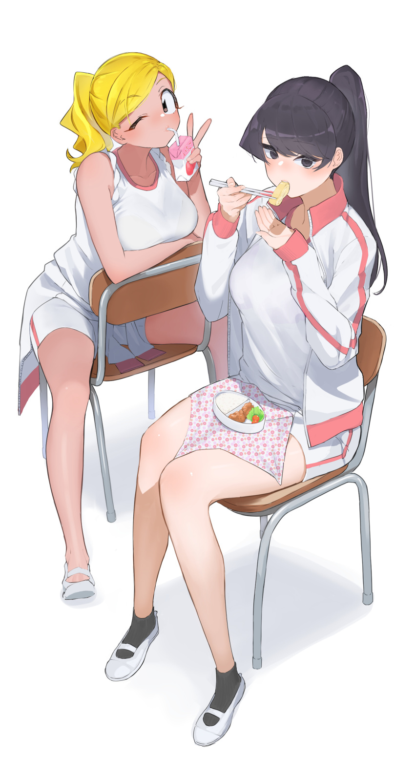 2girls, absurdres, alternate_hairstyle, arm_under_breasts, bangs, black_eyes, black_hair, black_legwear