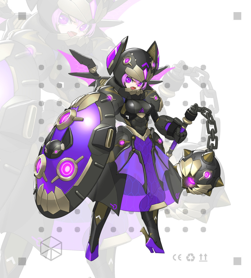 1girl, absurdres, armor, armored_dress, dress, fang, flail, full_armor