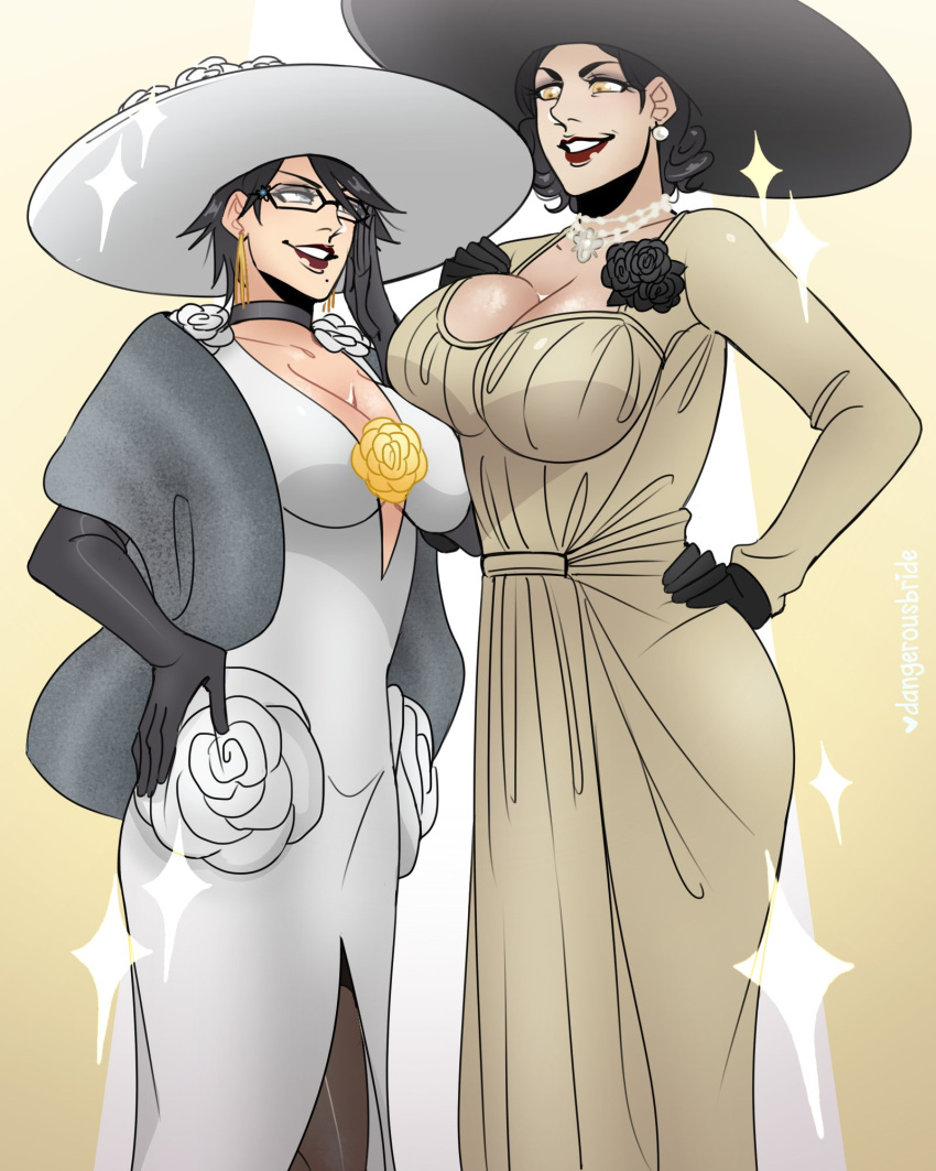 2girls, alcina_dimitrescu, bayonetta, bayonetta_(character), beige_dress, black_flower, black_gloves, black_hair, black_rose, breasts, choker, dangerousbride, dress, earrings, flower, glasses, gloves, gold_earrings, golden_rose, grey_eyes, hand_on_hip, hand_on_own_chest, hand_on_own_face, hat, highres, jewelry, large_breasts, large_hat, lipstick, makeup, mole, mole_under_mouth, multiple_girls, necklace, pantyhose, red_lips, red_lipstick, resident_evil, resident_evil_village, rose, short_hair, sparkle, tall, tall_female, white_dress, white_flower, white_rose, yellow_eyes