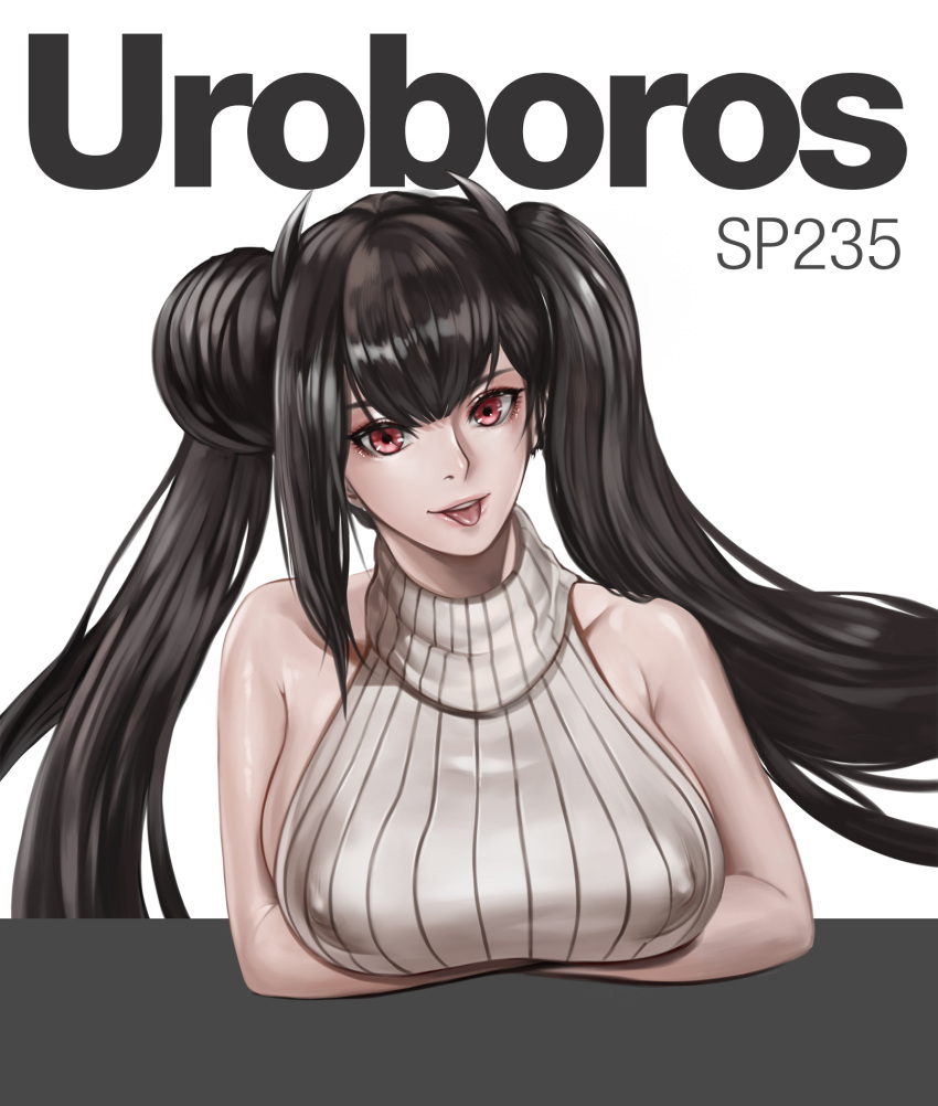 1girl, alternate_breast_size, alternate_costume, asymmetrical_hair, black_hair, breast_hold, breast_rest, breasts, casual, character_name, contemporary, covered_nipples, eyelashes, eyeliner, gcg, girls_frontline, highres, huge_breasts, lips, lipstick, long_hair, looking_at_viewer, makeup, ouroboros_(girls_frontline), red_eyes, ribbed_sweater, sangvis_ferri, sideboob, sidelocks, simple_background, sleeveless_sweater, solo, sweater, table, tongue, tongue_out, turtleneck, turtleneck_sweater, twintails, very_long_hair
