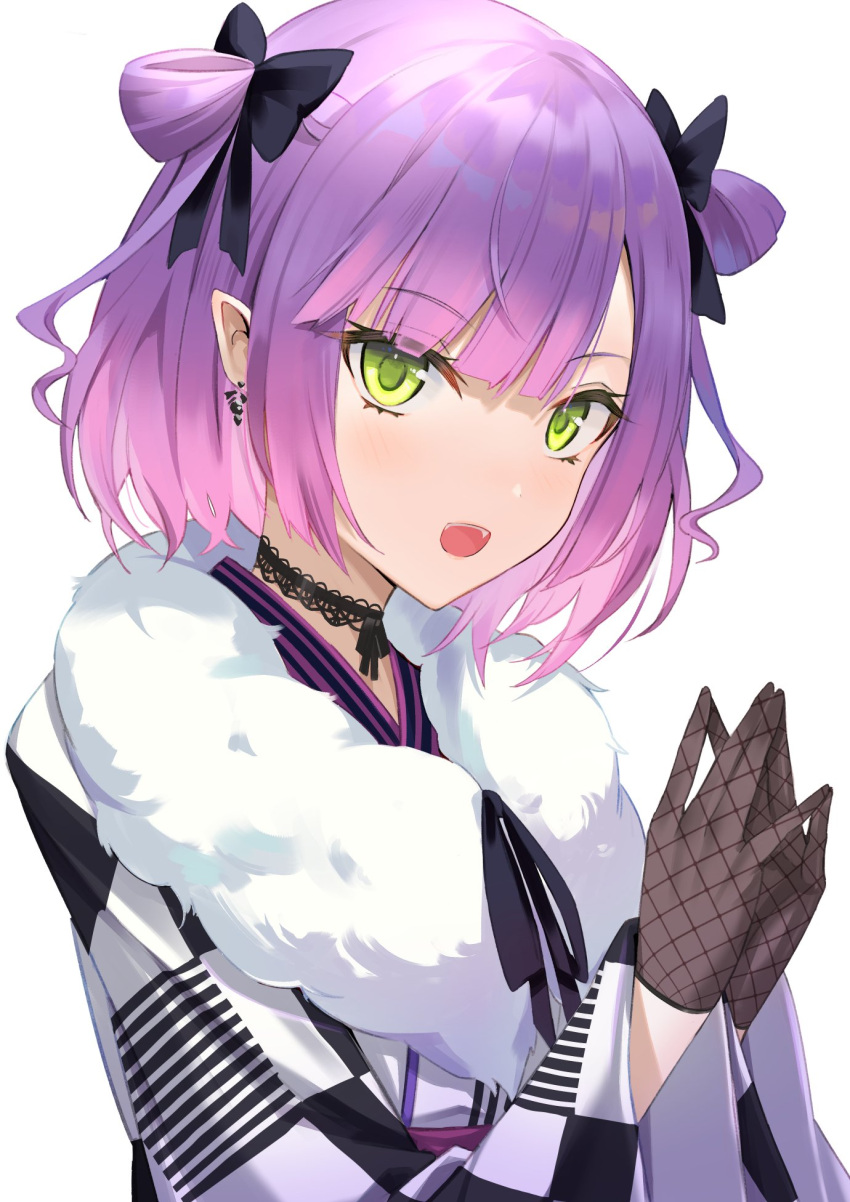 1girl, alternate_hairstyle, bangs, black_choker, blush, checkered, checkered_kimono, choker