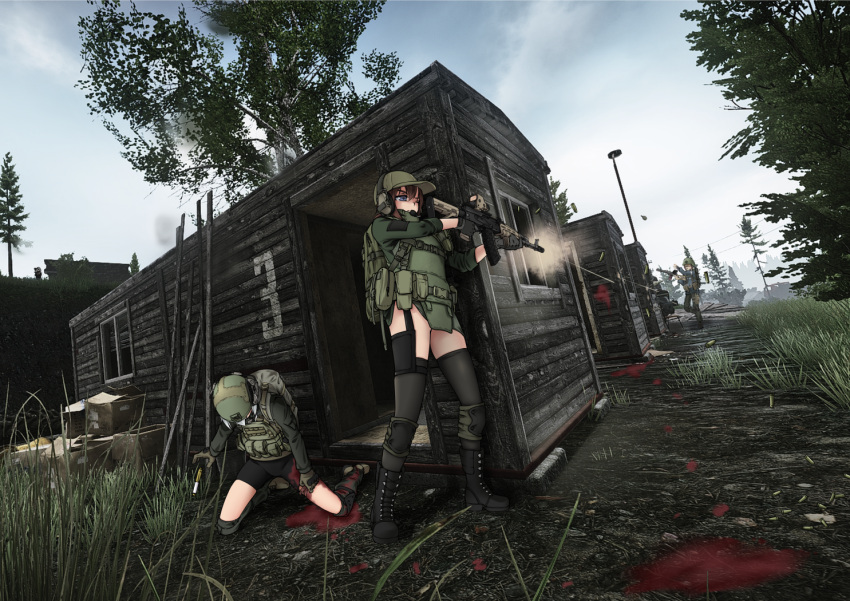 2girls, ak-12, armedshipyard, backpack, bag, baseball_cap, battle, bike_shorts