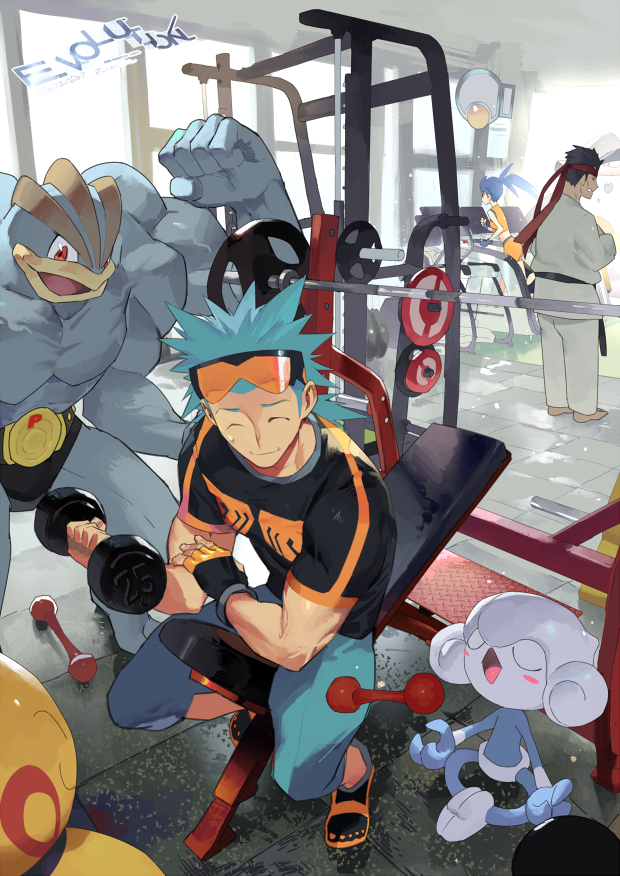 1girl, 2boys, artist_name, battle_girl_(pokemon), black_belt_(pokemon), blue_hair, brawly_(pokemon), closed_eyes