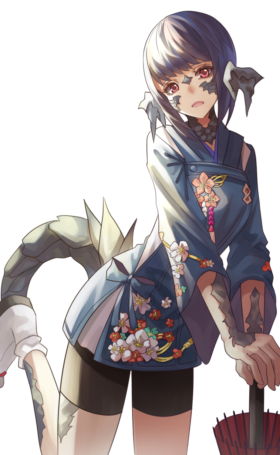 1girl, arm_support, au_ra, backlighting, bike_shorts, black_hair, bob_cut, dragon_girl