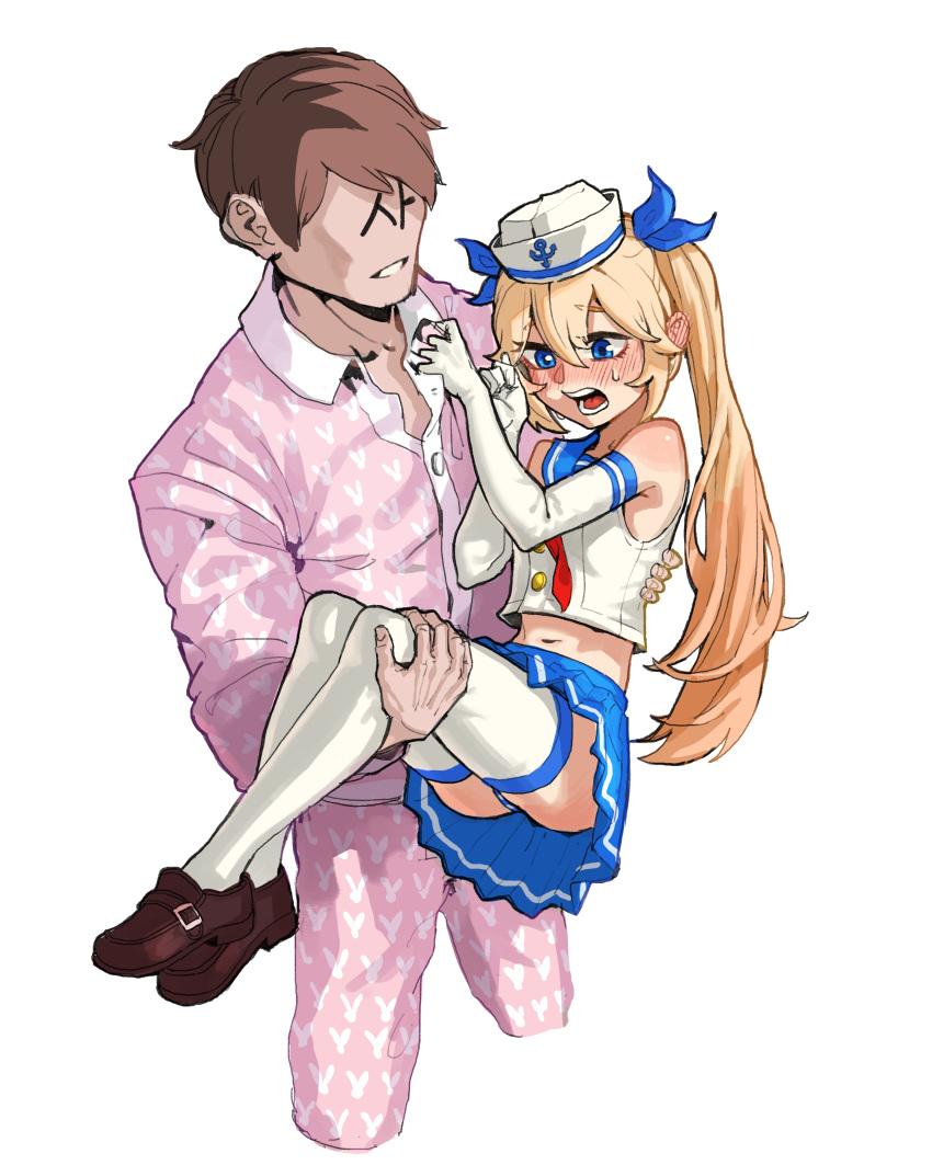 1boy, 1girl, absurdres, anflo, bangs, blonde_hair, blue_eyes, blue_skirt