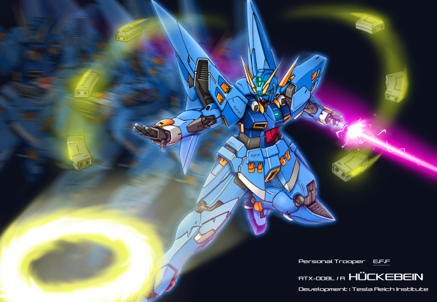 afterimage, beam_saber, black_background, character_name, green_eyes, holding, holding_sword, holding_weapon, huckebein, looking_down, mecha, no_humans, open_hand, science_fiction, solo, super_robot_wars, super_robot_wars_original_generation, sword, tamasi, v-fin, weapon