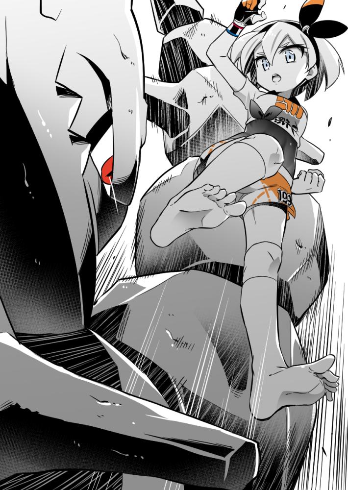 1girl, bangs, barefoot, bea_(pokemon), black_bodysuit, black_hairband, bodysuit, bodysuit_under_clothes