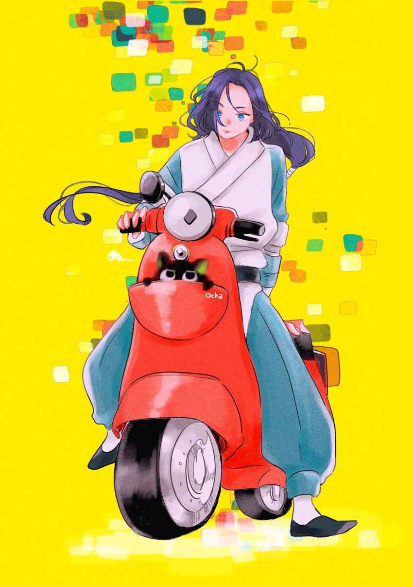 2boys, black_cat, black_footwear, black_hair, blue_eyes, cat, cha_(variaireven), floating_hair, ground_vehicle, highres, long_hair, luoxiaohei, moped, motor_vehicle, multiple_boys, shoes, the_legend_of_luo_xiaohei, wuxian_(the_legend_of_luoxiaohei), yellow_background