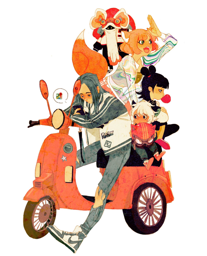 1girl, 3boys, animal_ears, bangs, black_legwear, blunt_bangs, bubble_blowing, cat_boy