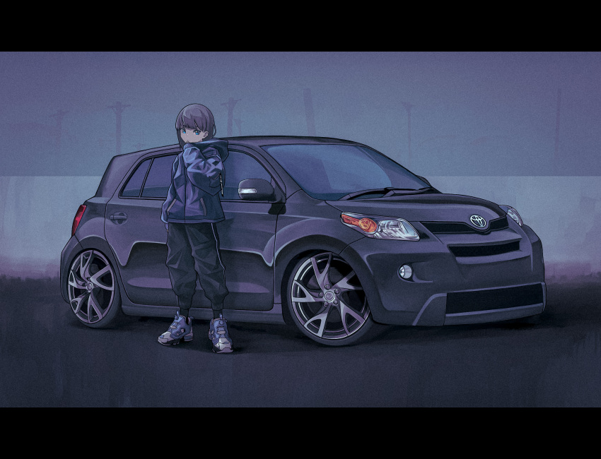 1girl, absurdres, black_pants, blue_eyes, blue_jacket, bokuya, car, finger_to_own_chin