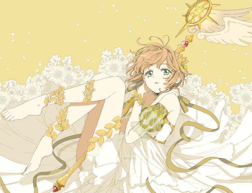 1girl, arm_cuffs, barefoot, brown_hair, cardcaptor_sakura, commentary, dress, eyebrows_visible_through_hair